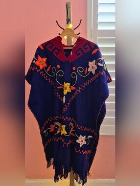 Vintage 1970s Mecican Wool Embroidered Navy Floral Poncho.